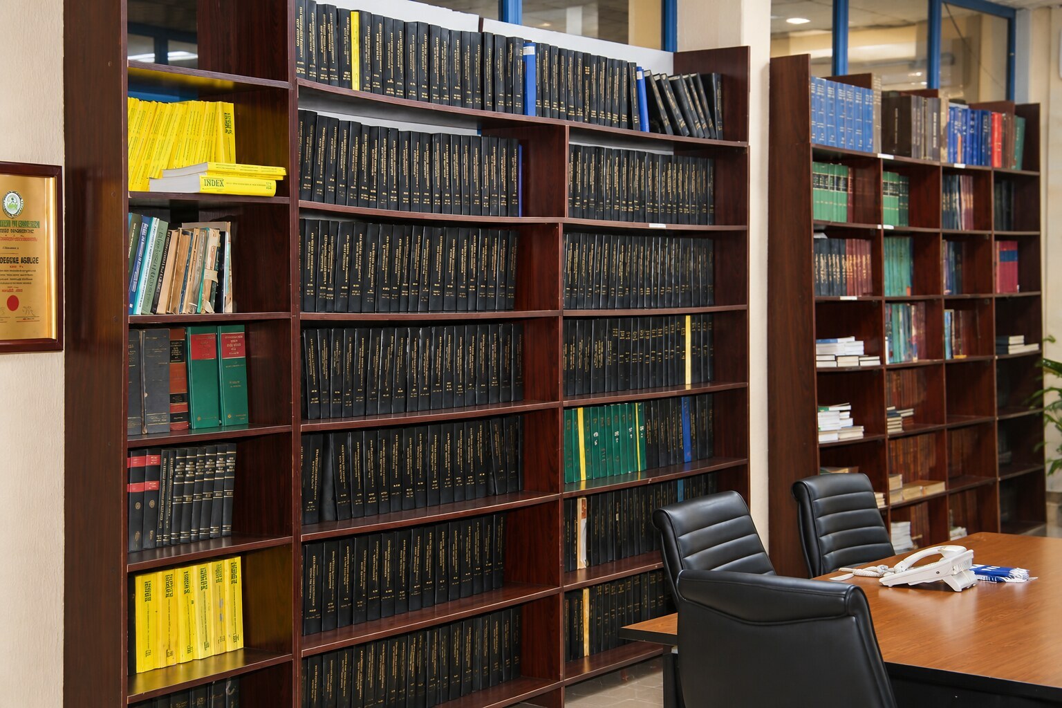Shelves of legal books in the firm library