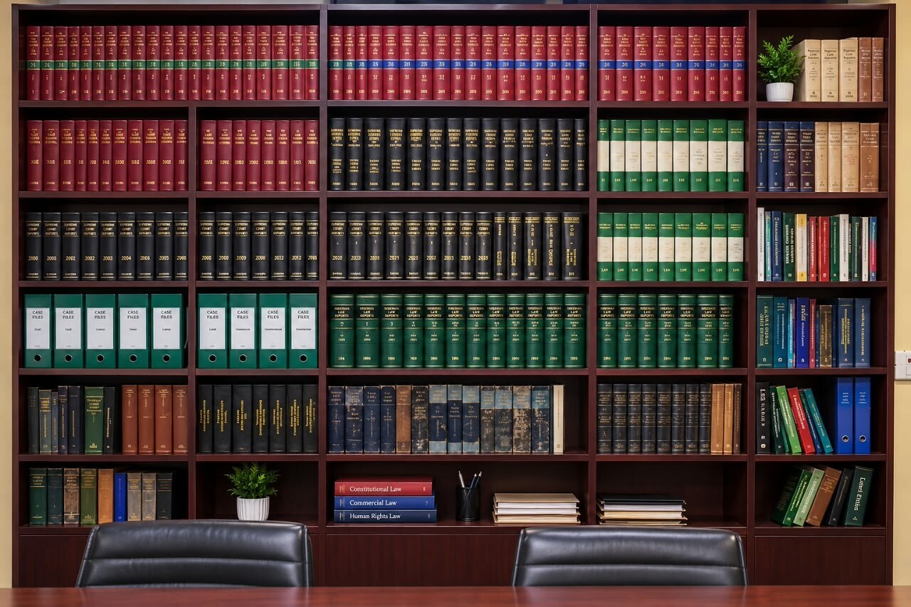 Extensive legal library shelves